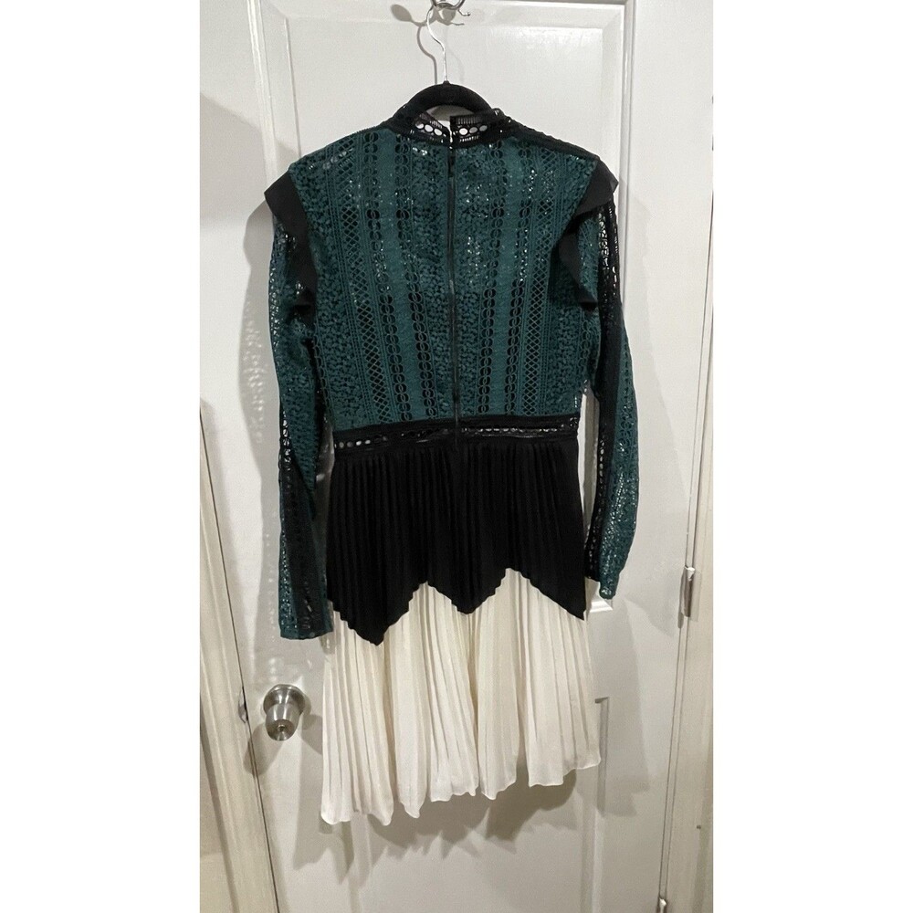 Self-Portrait Lace Pleated Midi Dress Green Black Ivory Long Sleeve US 8 UK 12 - Picture 2 of 12